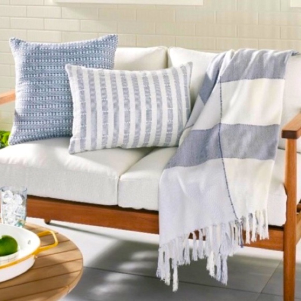 Hearth & Hand Stitch Block Woven Plaid Throw Blanket, Blue & Cream